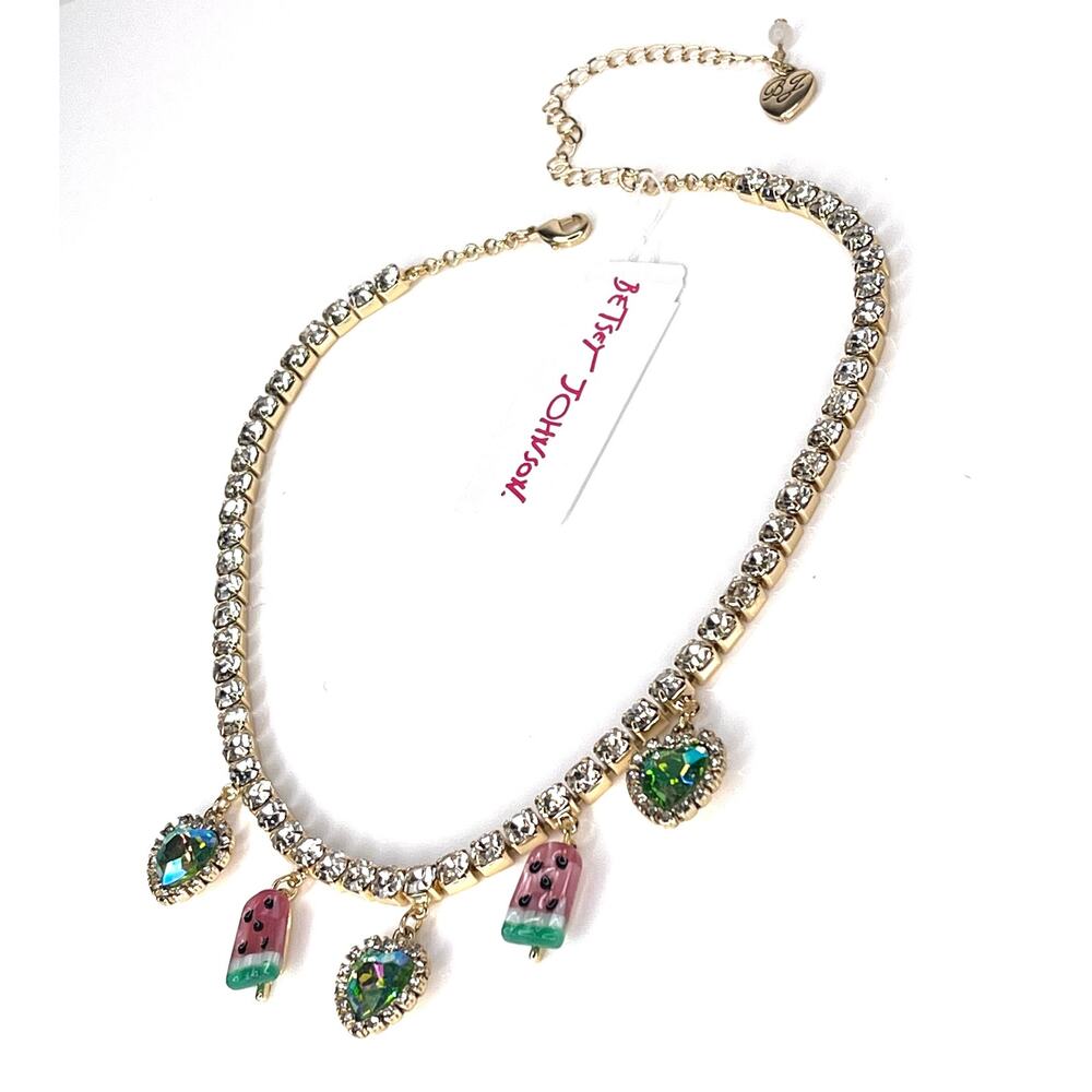 NEW Betsey Johnson WATERMELON POPSICLE NECKLACE Iridescent & Crystal Rhinestones